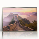 Mid-century modernist art of the Great Wall of China in muted earth tones, framed acrylic.