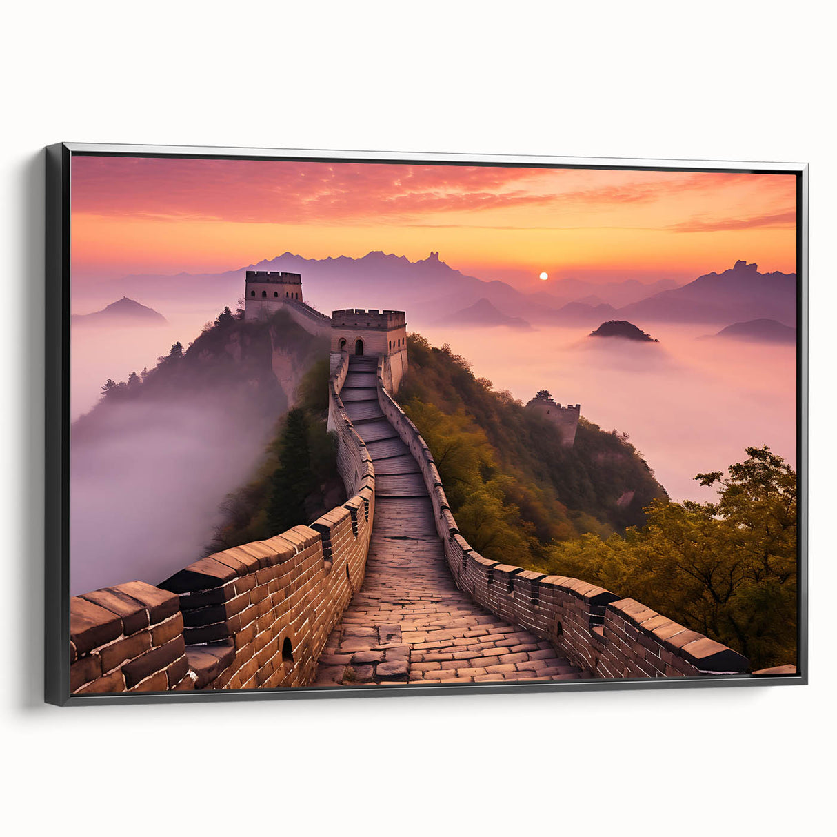 Black and white framed canvas of the Great Wall of China in a vintage poster style, ideal for bedroom wall decor.