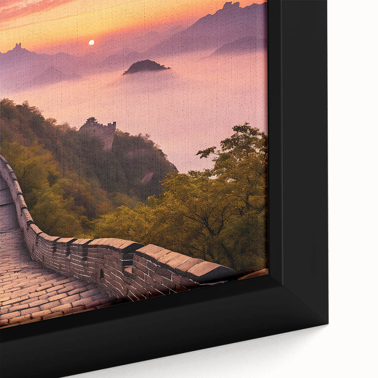 Close-up of a textured black wall art depicting the Great Wall of China in vibrant colors on a framed canvas.