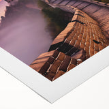 Art deco poster of the Great Wall of China in muted earth tones on rolled canvas, suitable for dining room decor.