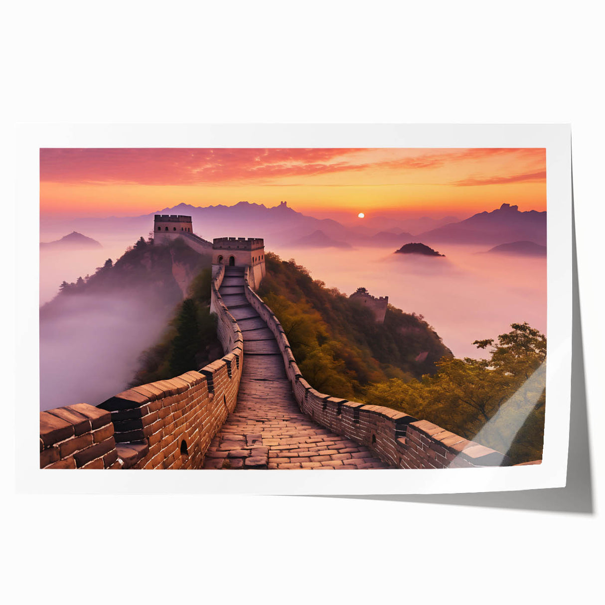 Extra large rolled print featuring the Great Wall of China in muted earth tones, ideal for art wall dining room.