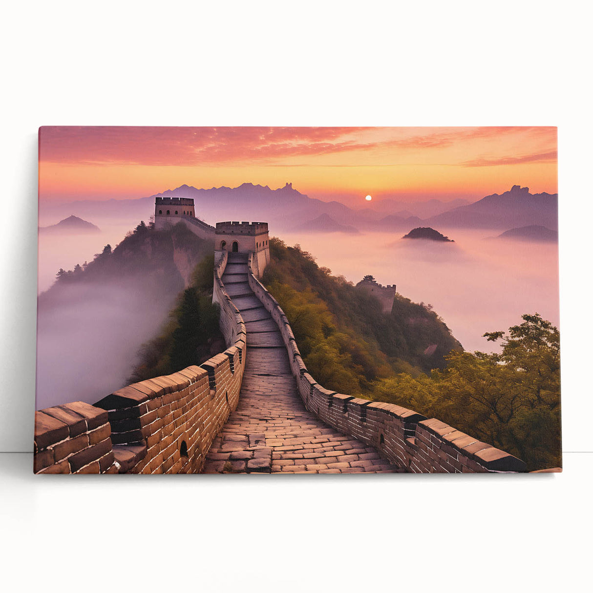 Black and white stretched canvas of the Great Wall of China in a panoramic view, ideal for kitchen wall art or bedroom.