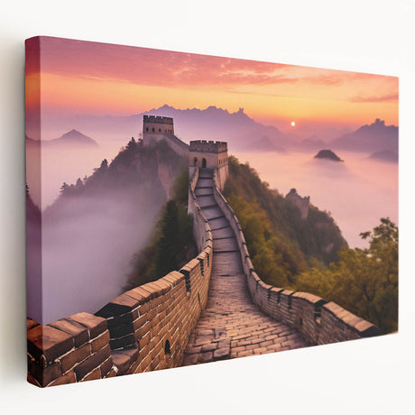 Side view of a large canvas print featuring the Great Wall of China in muted earth tones, ideal for kitchen wall art.