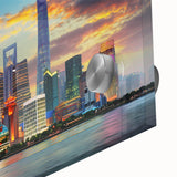 Large abstract wall art of Shanghai skyline in muted gray tones on acrylic glass, suitable for dining room ambiance.