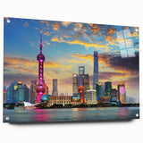 Acrylic print of Shanghai skyline in muted gray and blue tones, suitable for dining room or bedroom decor.