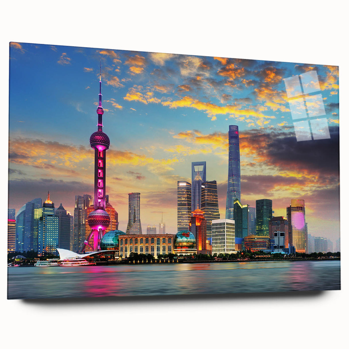 Large abstract wall art of Shanghai skyline in muted gray and blue tones on acrylic glass.