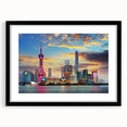 Extra large textured abstract art print of Shanghai skyline in vibrant colors on a framed canvas.