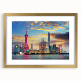 Extra large wall art of abstract Shanghai skyline in textured gold tones on a framed canvas, ideal for living room decor.