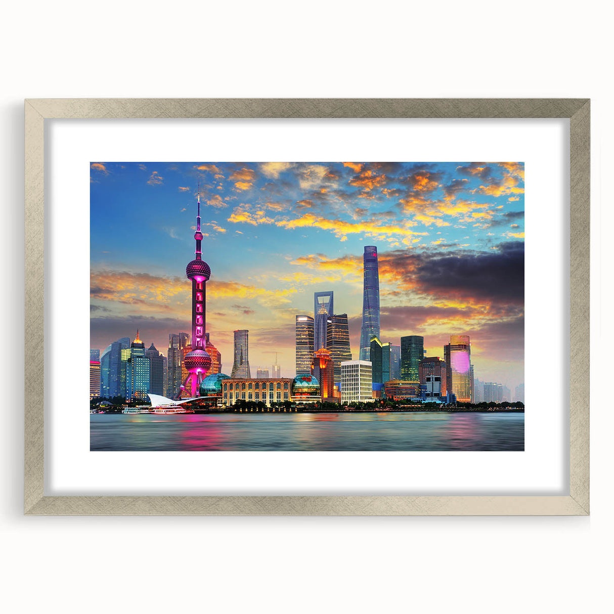 Textured abstract art print of Shanghai skyline in muted gray and blue tones on a framed silver canvas.