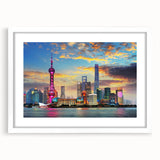 Abstract art print of Shanghai skyline in muted gray and blue tones on a framed white mat, ideal for dining room decor.