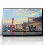Large abstract wall art of Shanghai skyline in muted gray and blue tones on a framed acrylic.