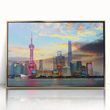 Framed acrylic print of Shanghai skyline in gold and blue tones, ideal for modern art wall decor.
