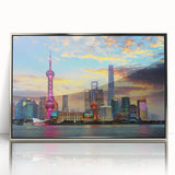 Mid-century modernist Shanghai skyline in muted silver and gray tones on a framed acrylic print.