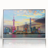 Acrylic print of Shanghai skyline in art deco style with muted gray tones, ideal for modern art wall decor.