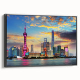 Black and white landscape art painting of Shanghai skyline on framed canvas, ideal for bedroom wall decor.