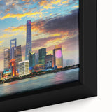Extra large framed canvas featuring a textured, colorful Shanghai skyline in vibrant hues, ideal for living room decor.