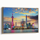 Framed canvas featuring a vintage-style Shanghai landscape in black and gold tones, ideal for bedroom wall art.