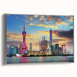 Framed canvas of a vintage Shanghai landscape painting in colorful and black tones, ideal for living room decor.