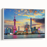 Vintage poster art of Shanghai skyline in colorful hues on extra large framed canvas, ideal for living room decor.