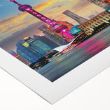 Art deco poster of Shanghai skyline in muted gold and black tones on rolled canvas, suitable for dining room wall art.