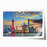 Extra large rolled print of Shanghai skyline with soft pastel shades, suitable for art wall dining room.