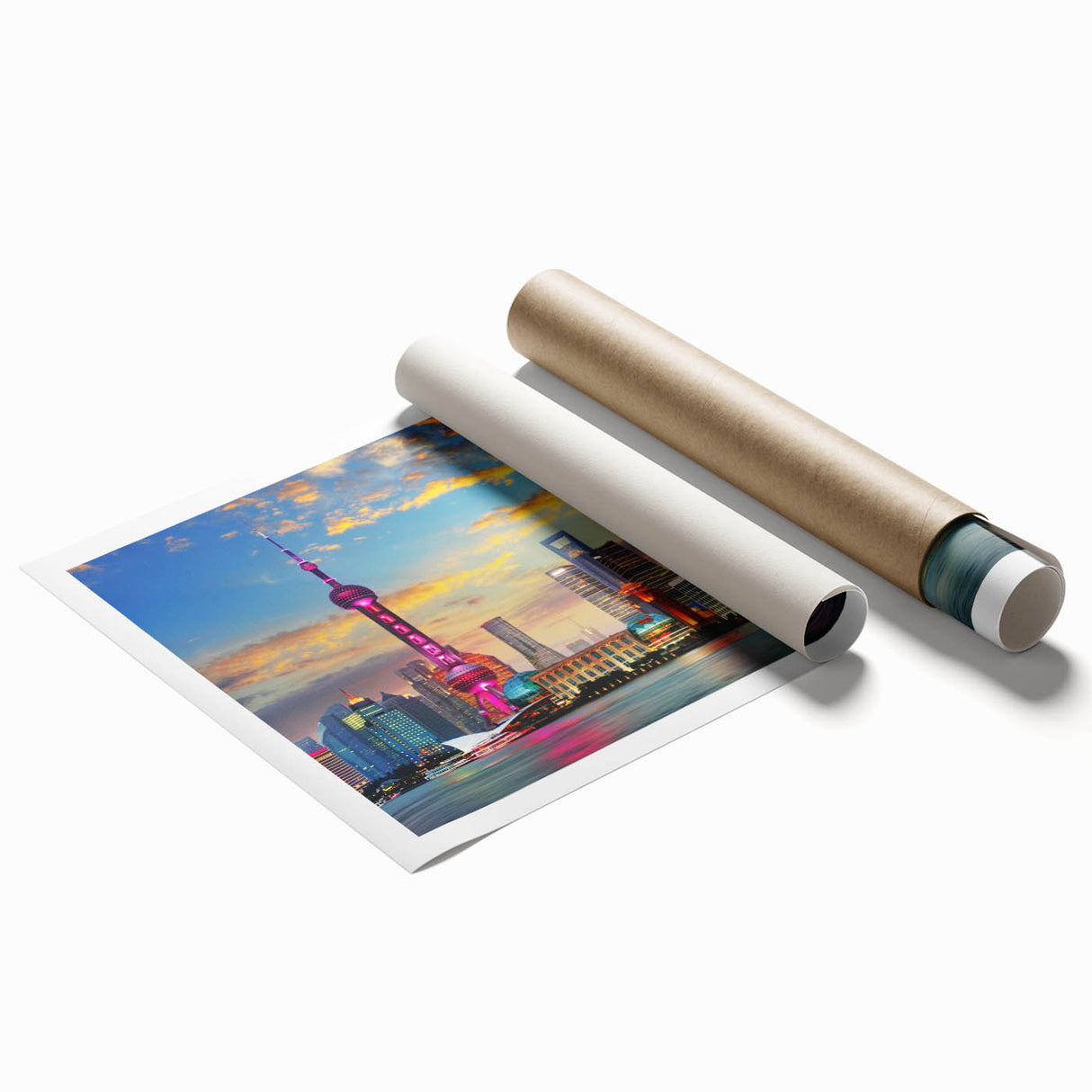 Extra large wall art depicting a Shanghai skyline with muted blue and gray tones on a rolled print.