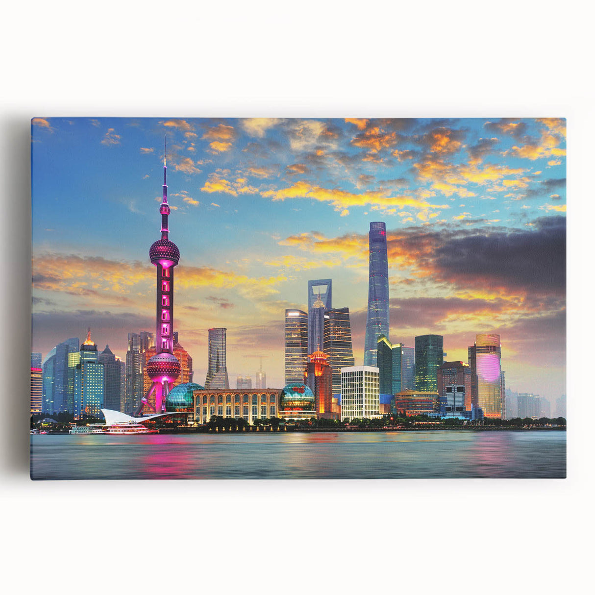 Black and white large art print of Shanghai skyline on stretched canvas, ideal for kitchen wall art.