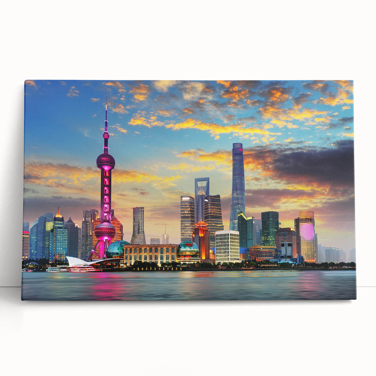 Black and white large art print of Shanghai skyline on stretched canvas, ideal for kitchen wall art or bedroom decor.
