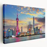 Large stretched canvas featuring a panoramic Shanghai cityscape in muted gray and blue tones, ideal for kitchen wall art.