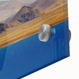 Large abstract wall art of Tibetan landscape in muted earth tones on acrylic glass, ideal for dining room ambiance.