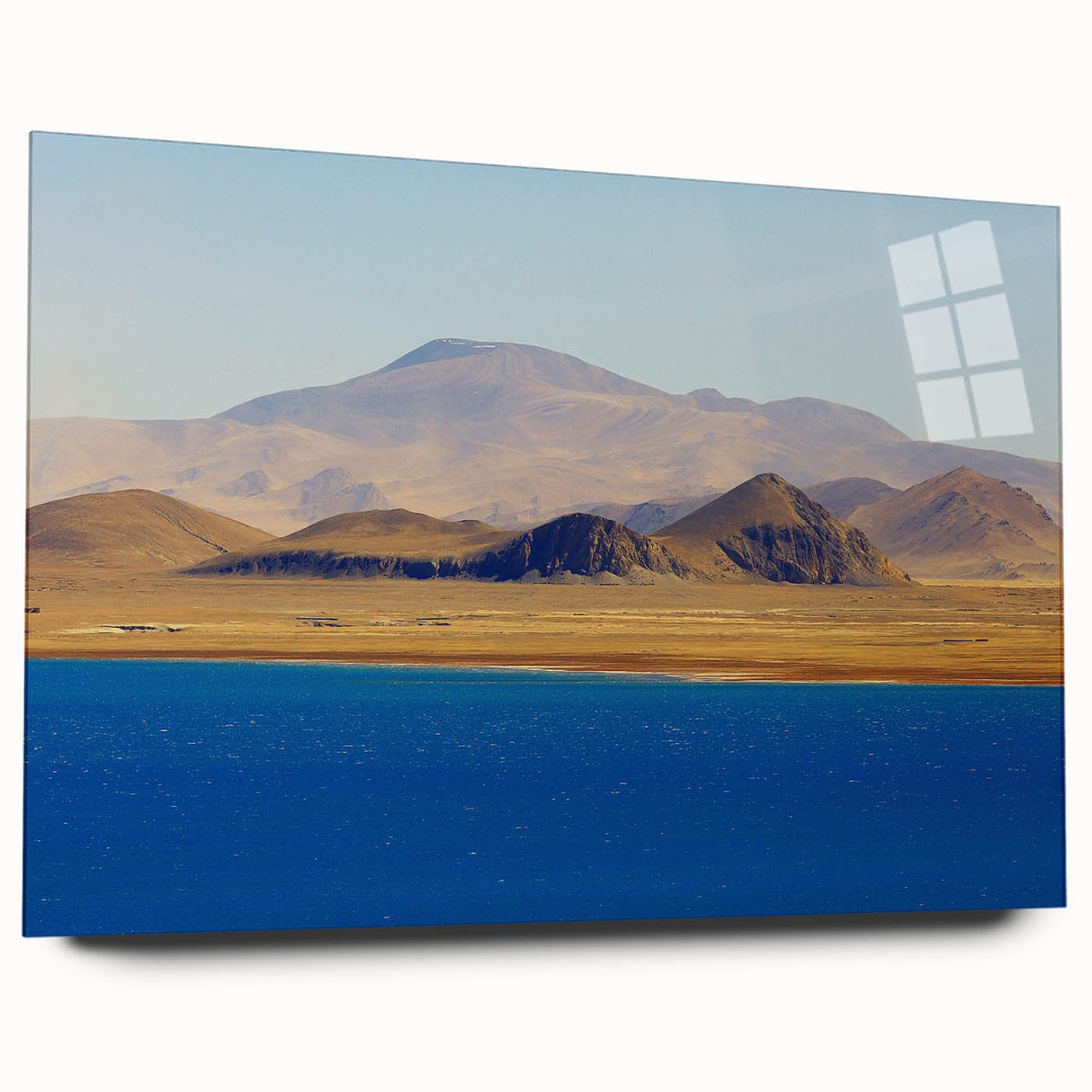 Large abstract wall art depicting a serene Tibetan landscape in muted earth tones on acrylic glass.