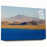 Large abstract wall art depicting a serene Tibetan landscape in muted earth tones on acrylic glass.