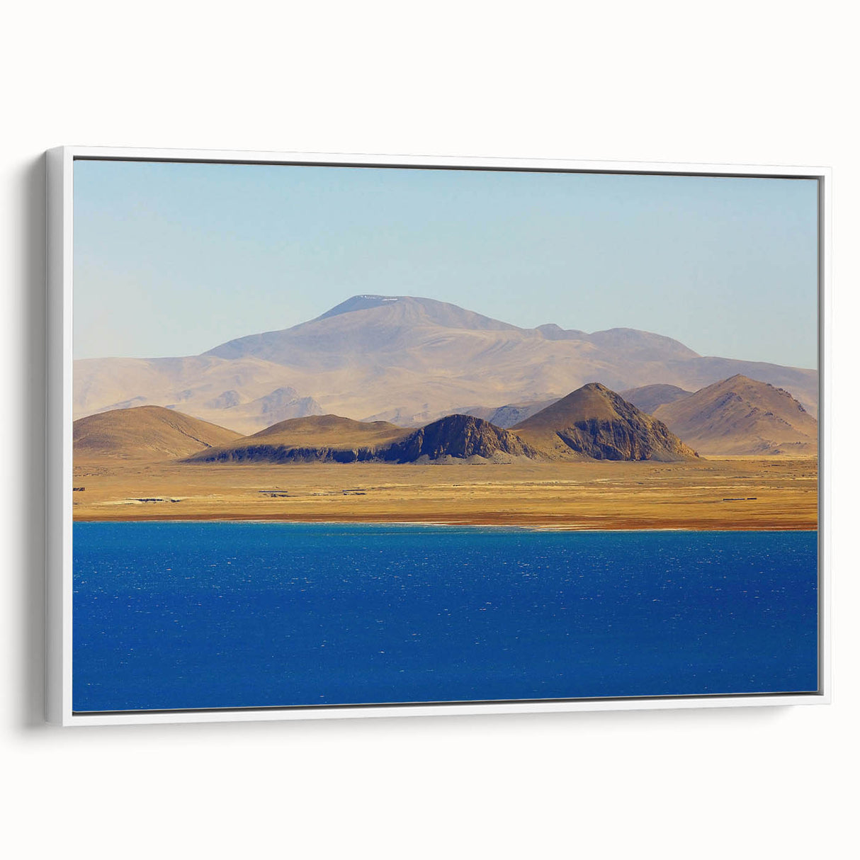 Vintage poster art of a Tibetan scenery in vibrant colors on extra large framed canvas, ideal for living room decor.