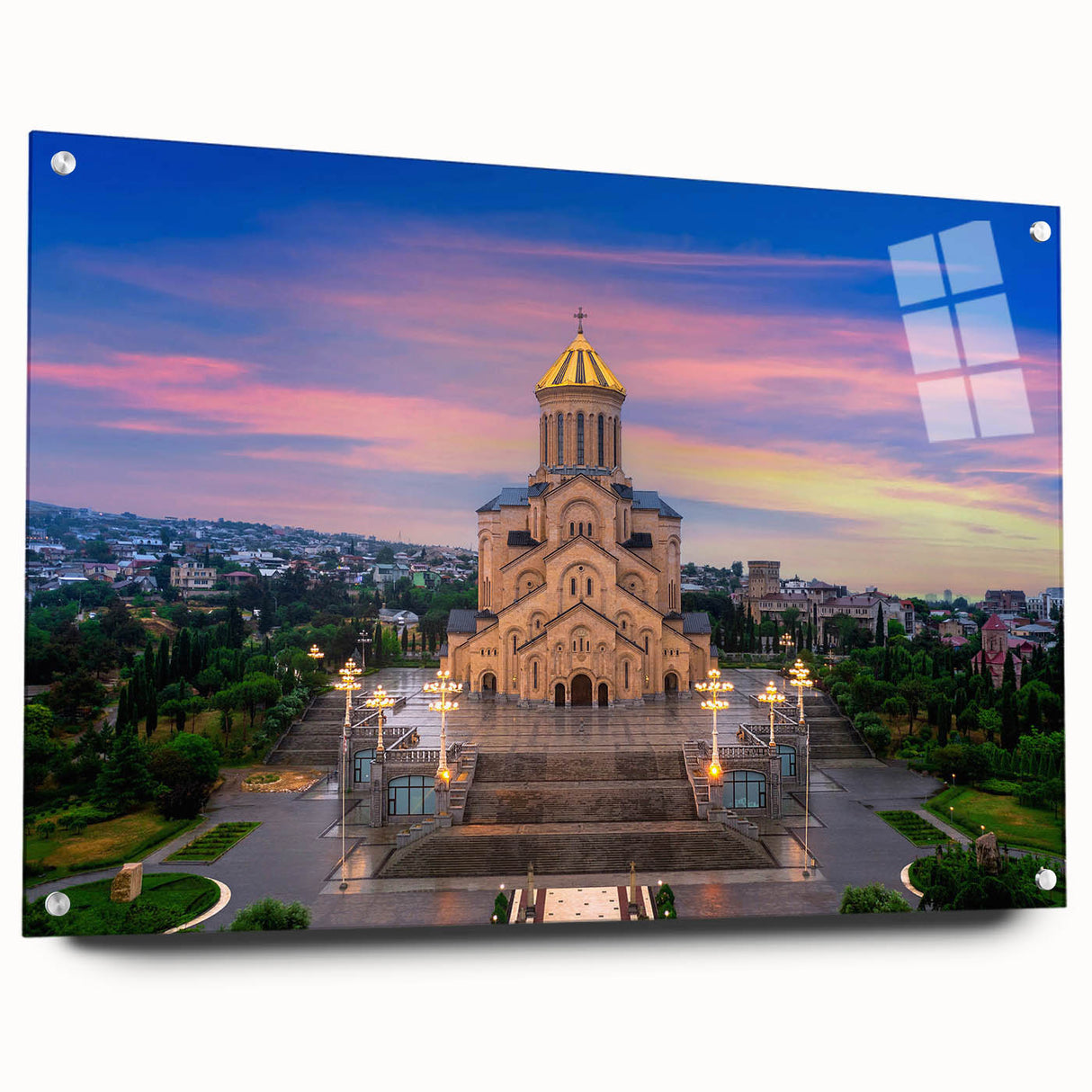 Large abstract wall art on acrylic depicting vibrant Asian scenery, ideal for bedroom or dining room decor.