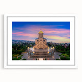 Abstract art print featuring a blend of muted gray and blue tones on a white framed canvas, ideal for dining room decor.