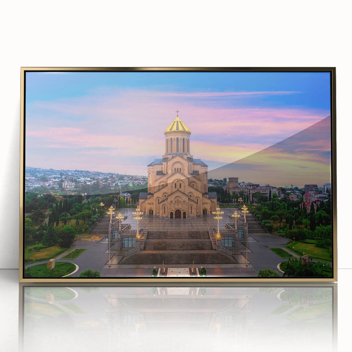 Large art print of a serene Georgian landscape in gold and green tones, framed acrylic, ideal for modern nursery decor.