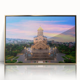 Large art print of a serene Georgian landscape in gold and green tones, framed acrylic, ideal for modern nursery decor.
