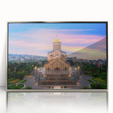 Mid-century modernist art depicting a serene Georgian landscape in muted earth tones on a framed acrylic panel.