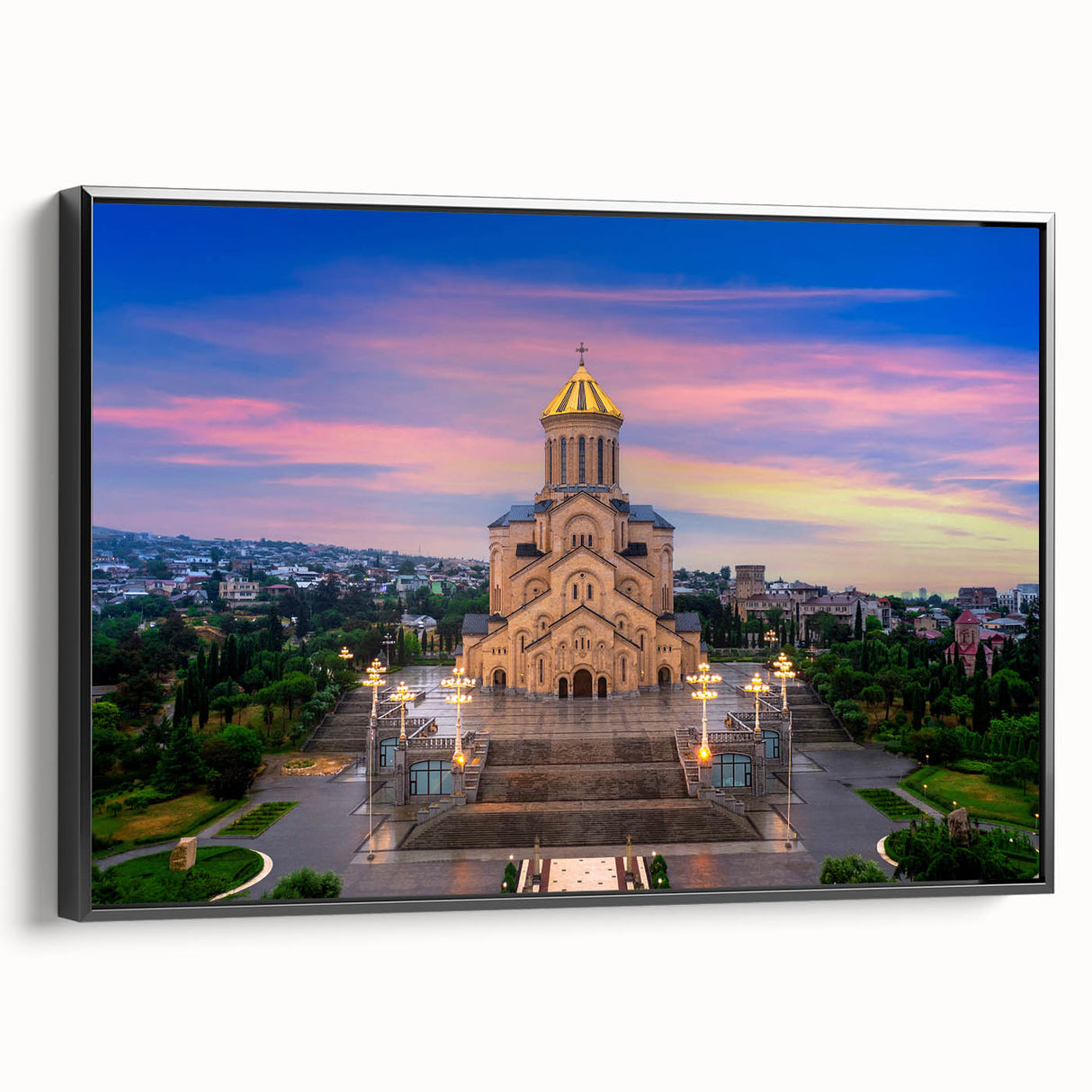Black and white vintage poster art of a Georgian landscape on framed canvas, ideal for bedroom wall decor.