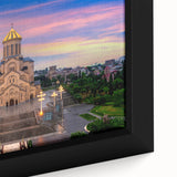 Extra large framed canvas featuring a textured depiction of a scenic Georgian landscape in vibrant colors.