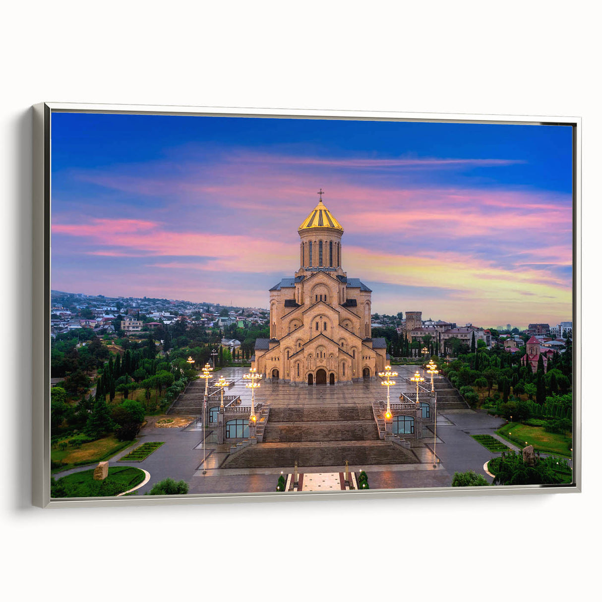 Landscape art painting of a Georgian scenery in vibrant colors on a framed canvas, ideal for living room decor.