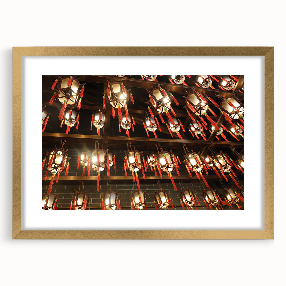 Extra large abstract art print of Hong Kong skyline in textured gold frame, suited for living room decor.