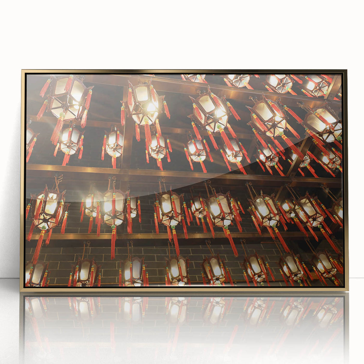 Hong Kong skyline depicted in mid-century modernist style on a large framed acrylic print, using gold and blue tones.