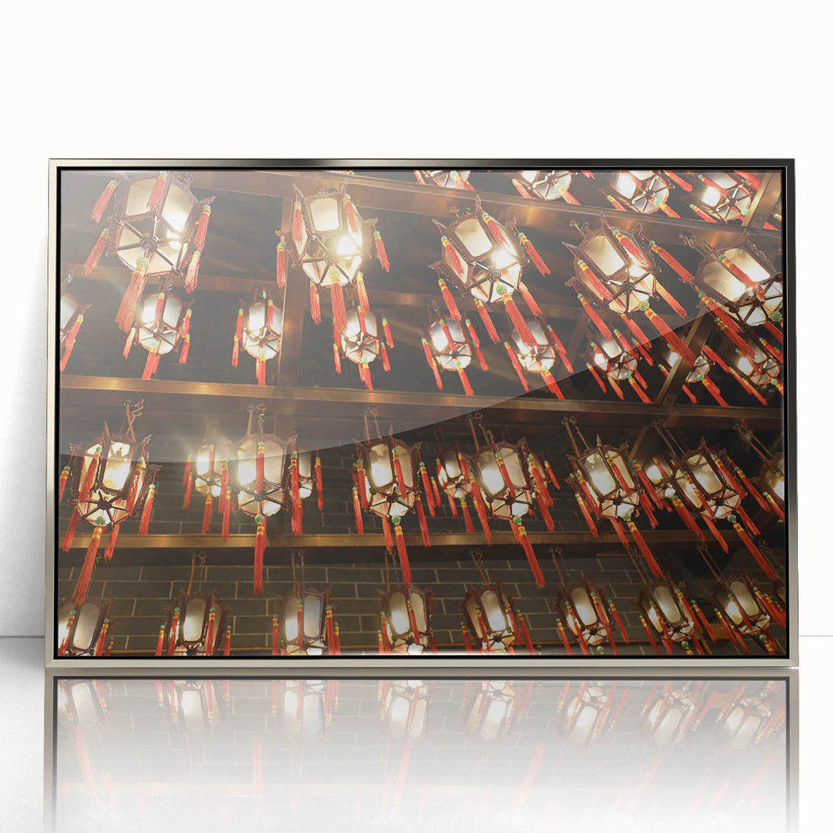 Mid-century modernist art depicting the Hong Kong skyline in vibrant twilight hues on a silver-framed acrylic print.