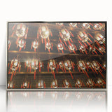 Mid-century modernist art depicting the Hong Kong skyline in vibrant twilight hues on a silver-framed acrylic print.