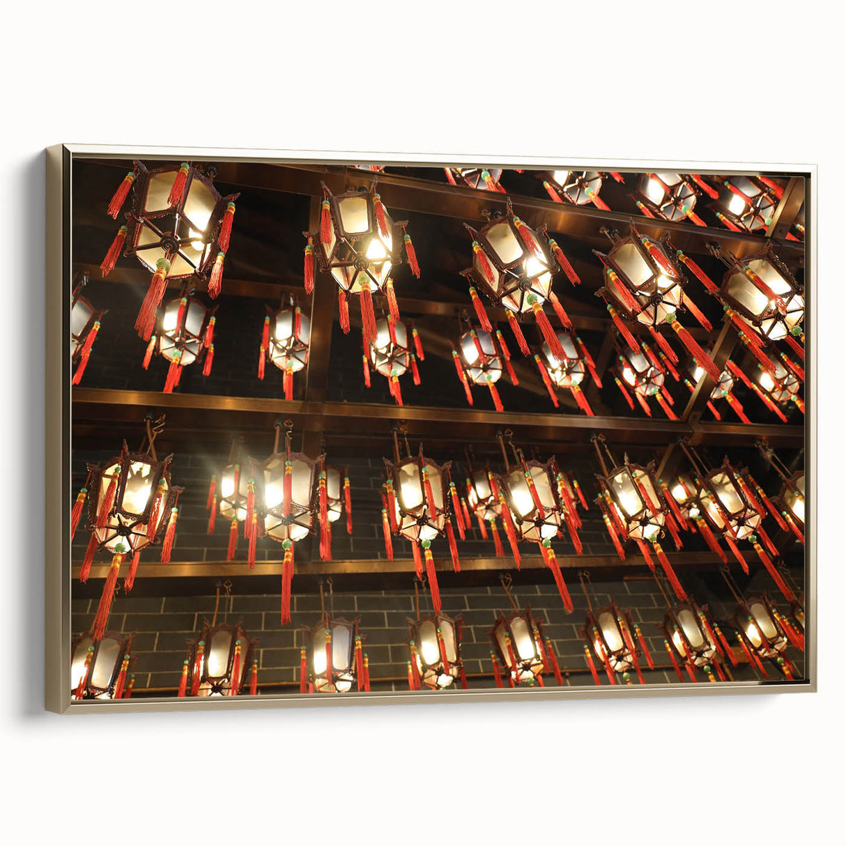 Framed canvas of Hong Kong landscape in muted gold and black tones, ideal for bedroom wall art.