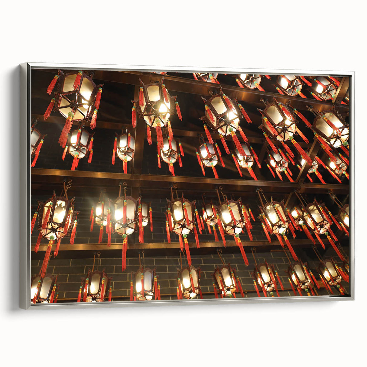 Framed canvas depicting a vintage-style Hong Kong landscape with colorful and black elements, ideal for living room decor.