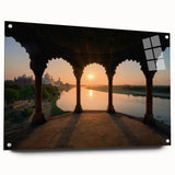 Abstract landscape of Indian scenery in muted earth tones on acrylic glass, ideal for dining room decor.