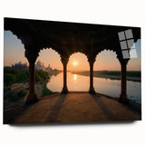 Large abstract wall art depicting an Indian landscape in muted earth tones, printed on acrylic glass.