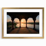 Extra large abstract art print of a textured Indian landscape in gold and earth tones, framed with a mat.